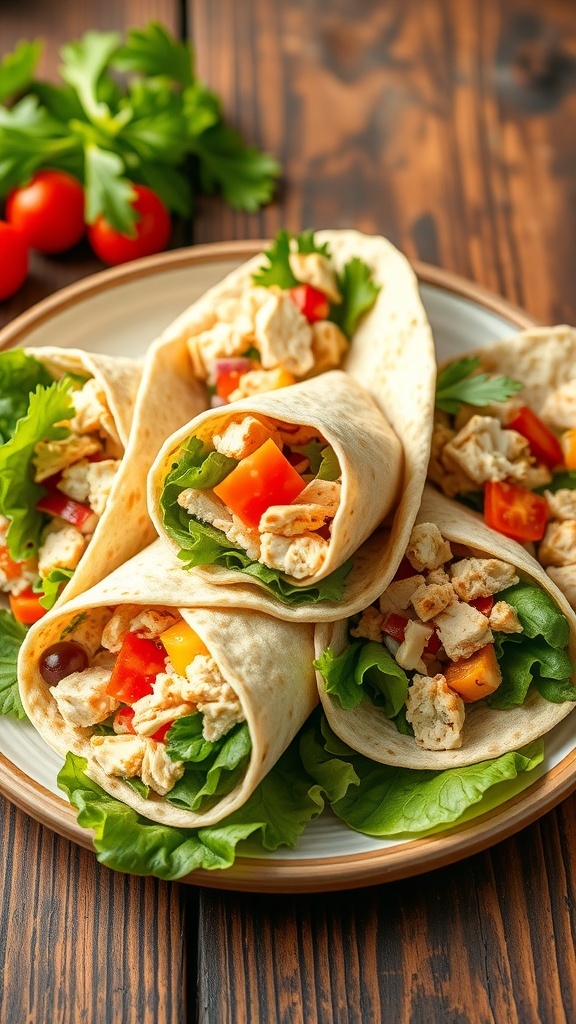 Healthy air fryer chicken salad wraps with chicken, lettuce, and vegetables on a rustic plate.